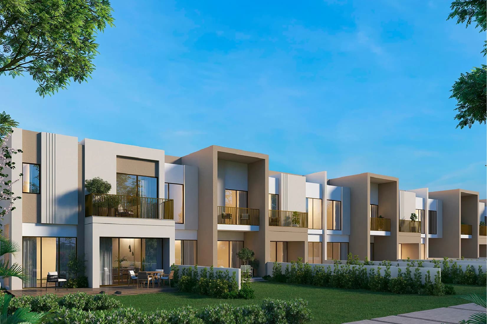 Modern townhouses with lush greenery in a residential area