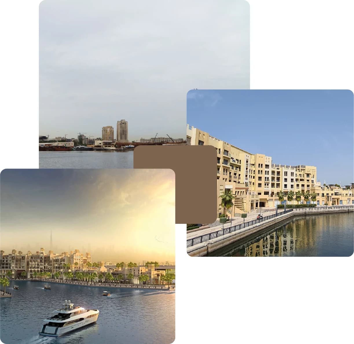 Canal-side apartments and boats at sunset