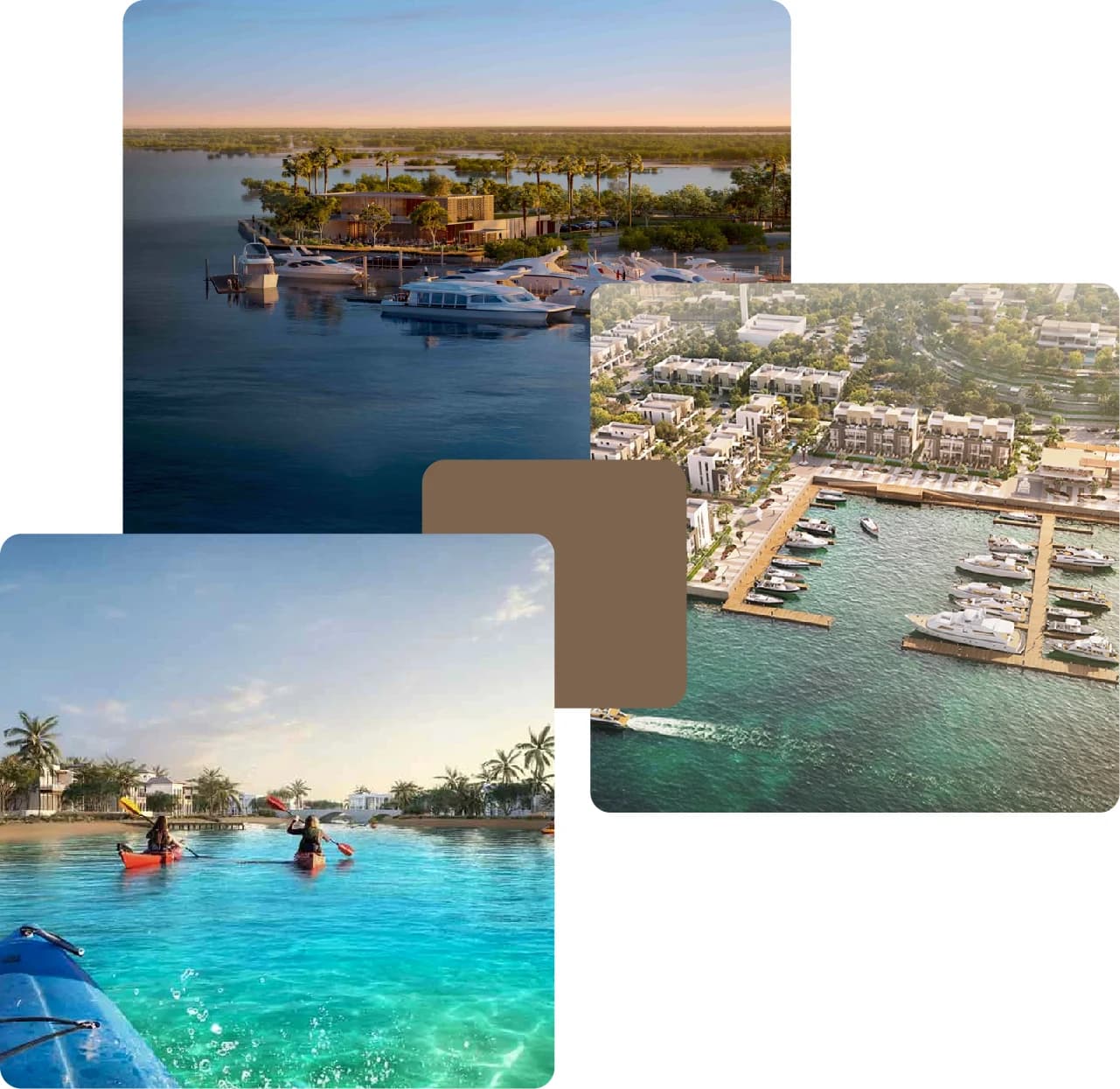 Aerial view of waterfront property and marina