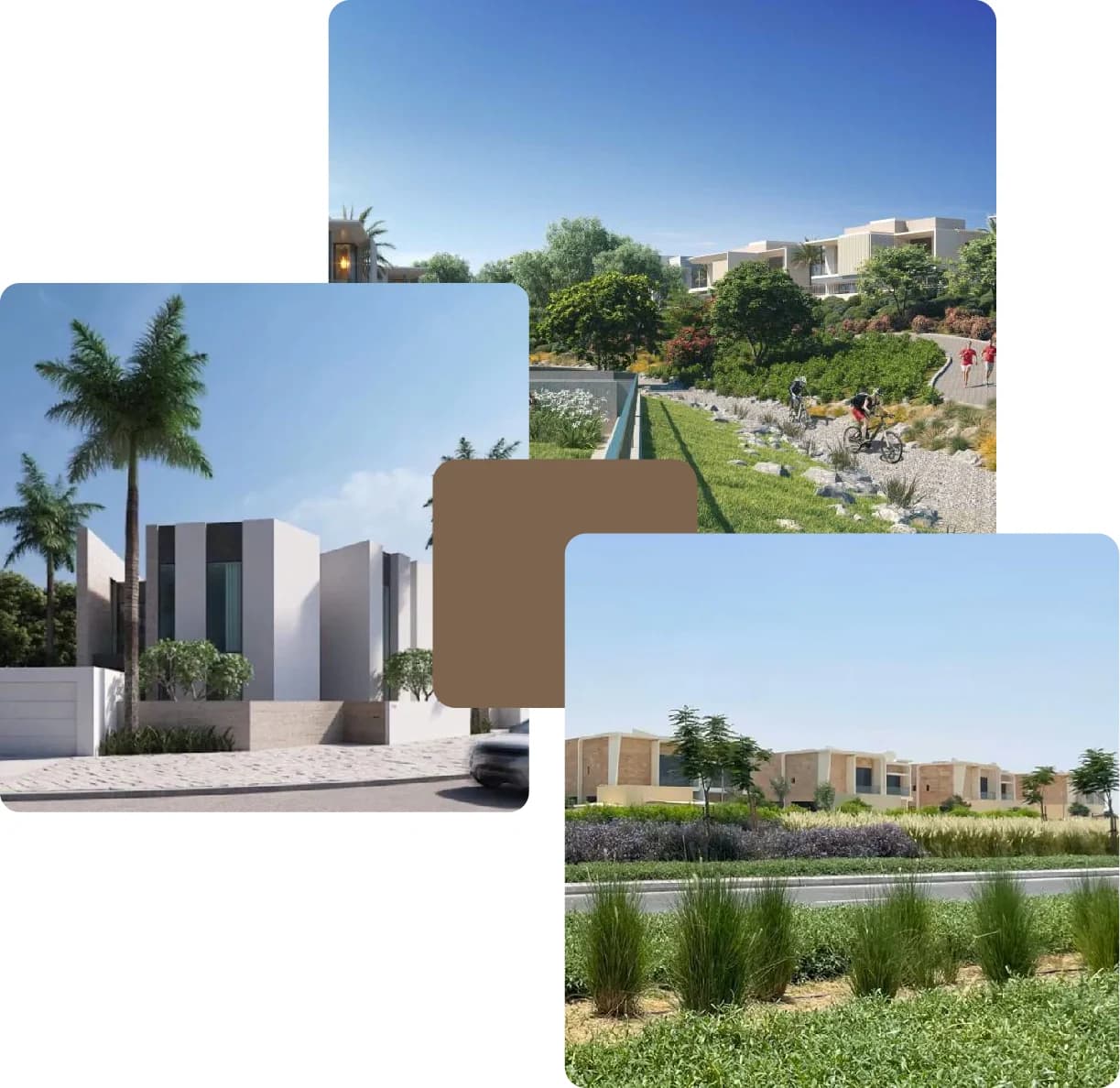 Modern residential building, bike path, and green landscape
