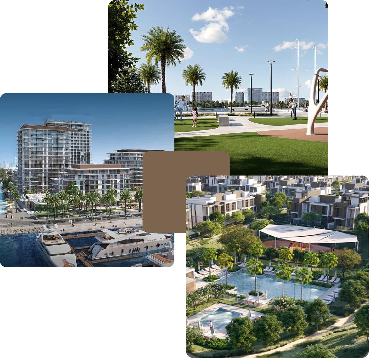 Modern waterfront residential development with lush greenery