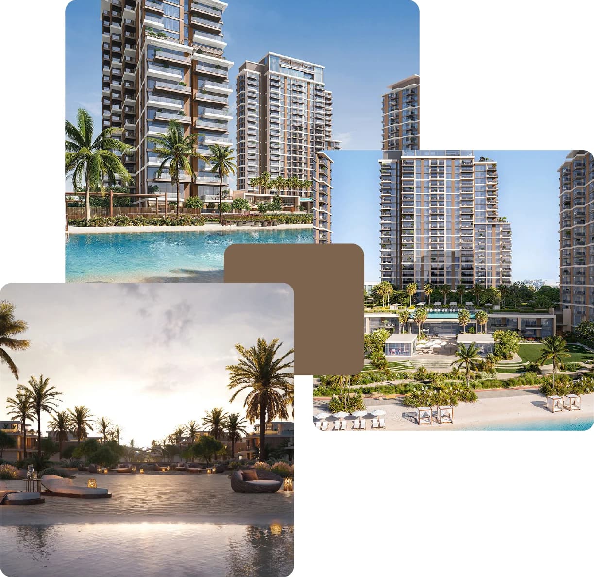 High-rise towers with beach pool and palm trees