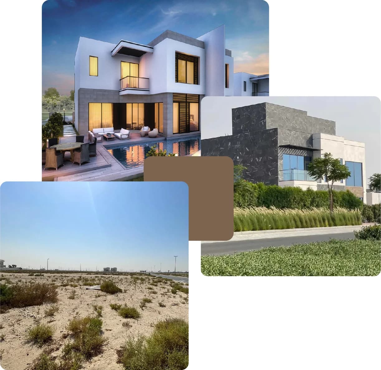 Luxurious villa with pool, contemporary building, and barren land