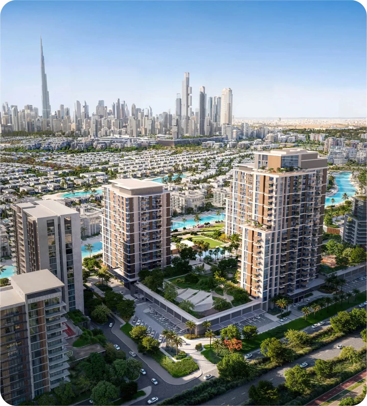 Dubai skyline overlooking villas and towers