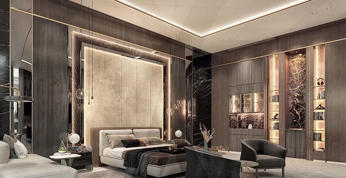 Luxurious bedroom with modern design and elegant lighting