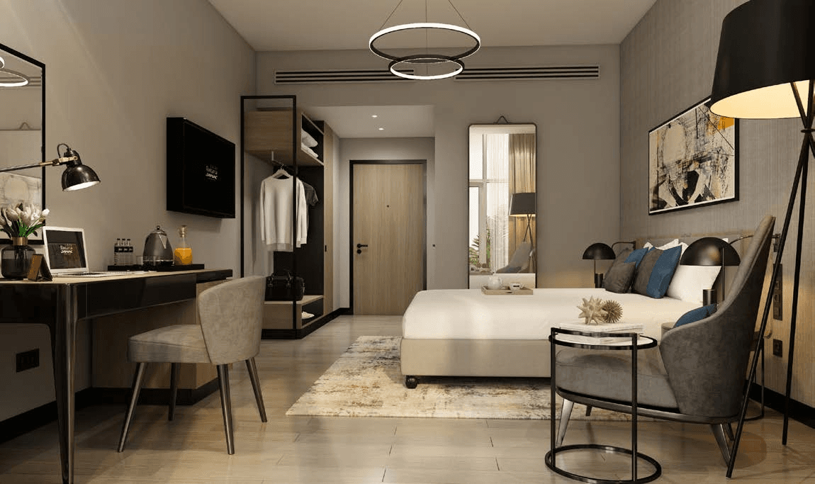 Modern bedroom with stylish bed and elegant interior design