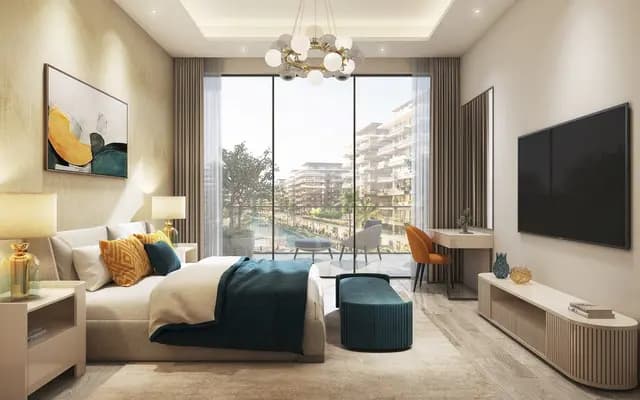 Modern bedroom with large windows overlooking a garden view