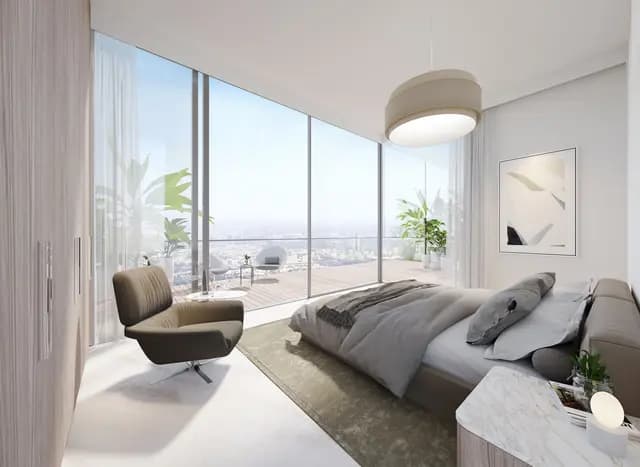 Modern bedroom with a scenic city view