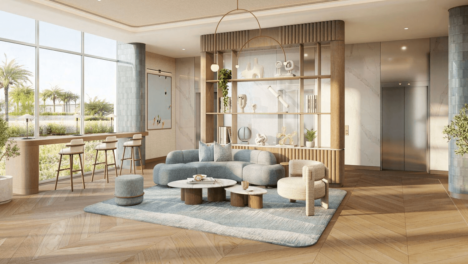 Cozy lounge area with stylish furniture and large windows