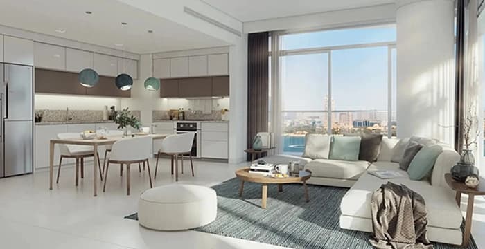 Modern open-plan living and dining area with a scenic view