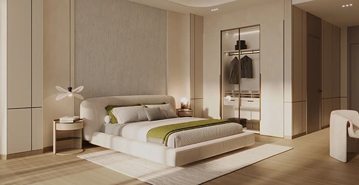 Cozy bedroom with neutral tones and natural light