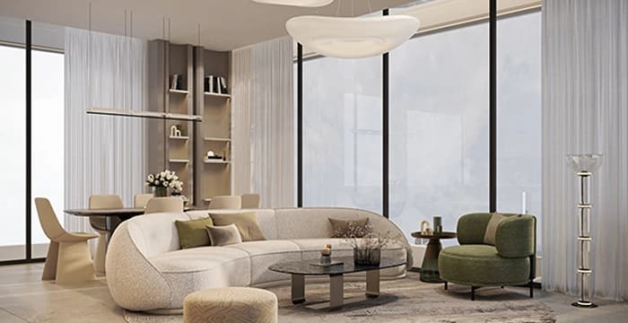 Stylish modern living room with large windows and furniture