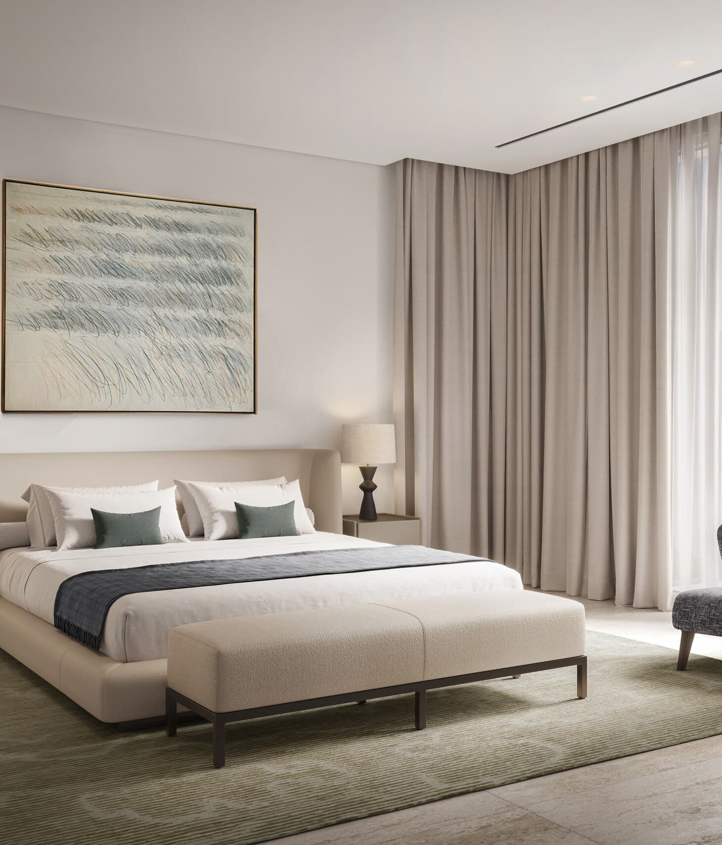 A serene bedroom with a large bed and soft lighting