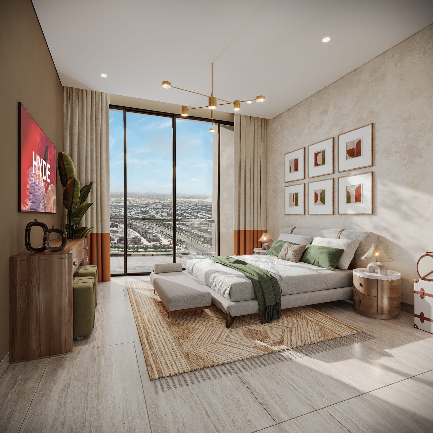 Cozy bedroom with landscape view through the window