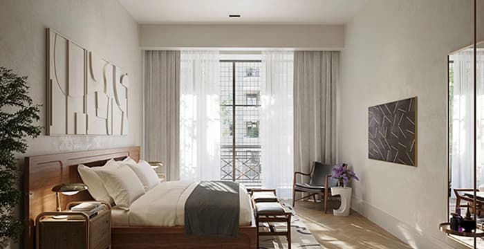 Minimalist bedroom with natural light and modern decor