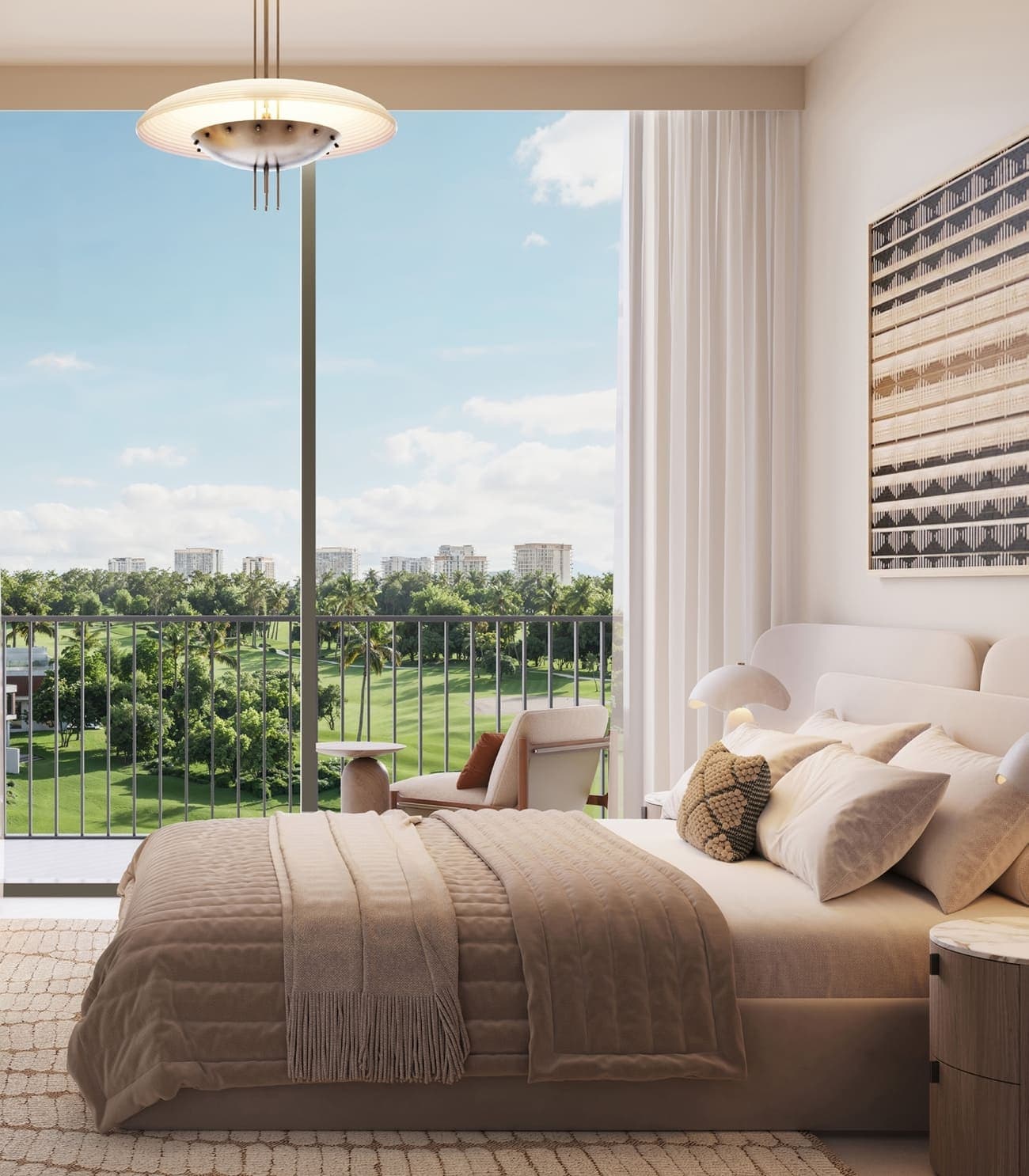 Luxurious bedroom with bed and golf course view