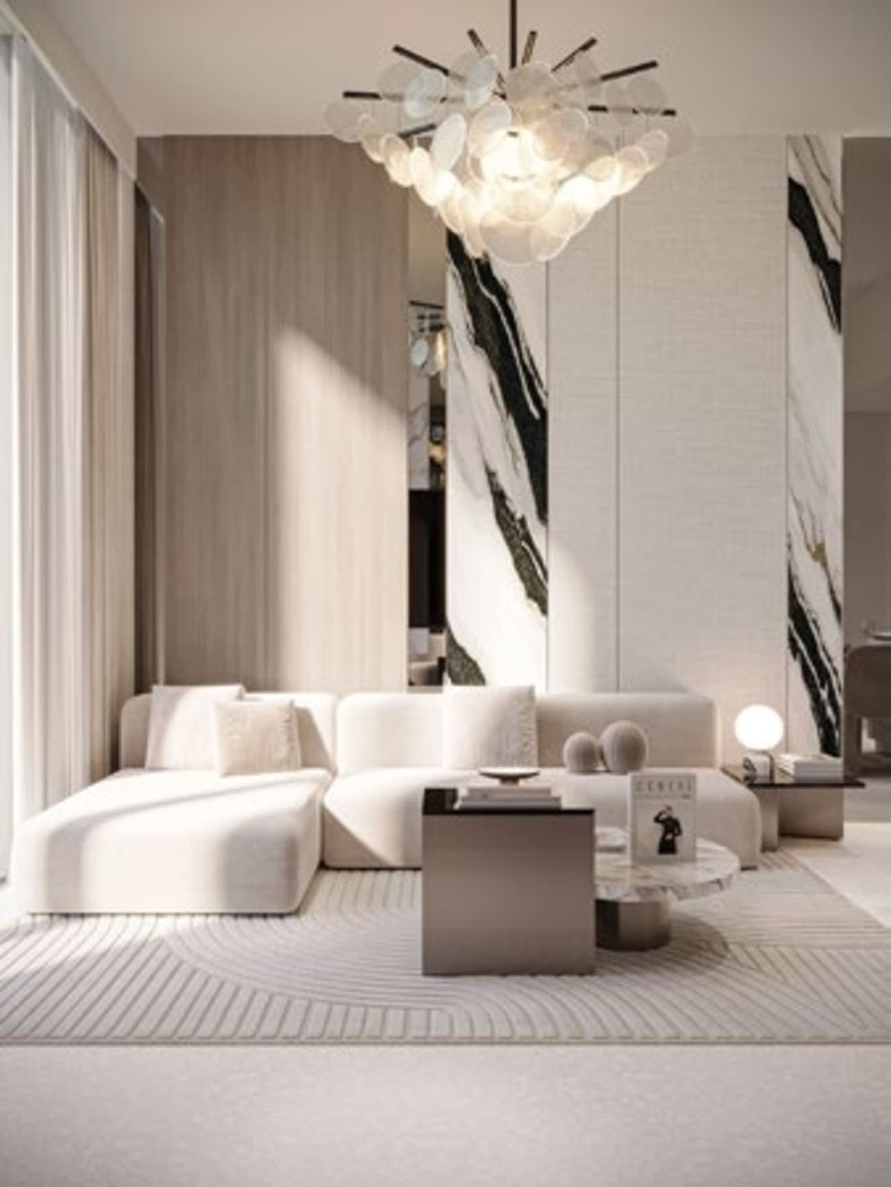 Minimalist living room with soft tones and chandelier
