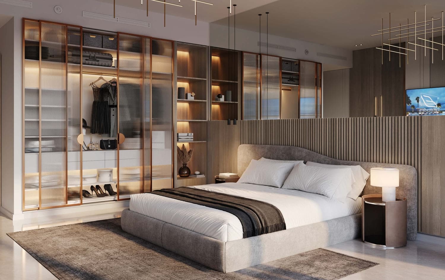 A modern bedroom with stylish, minimalistic decor and a spacious closet