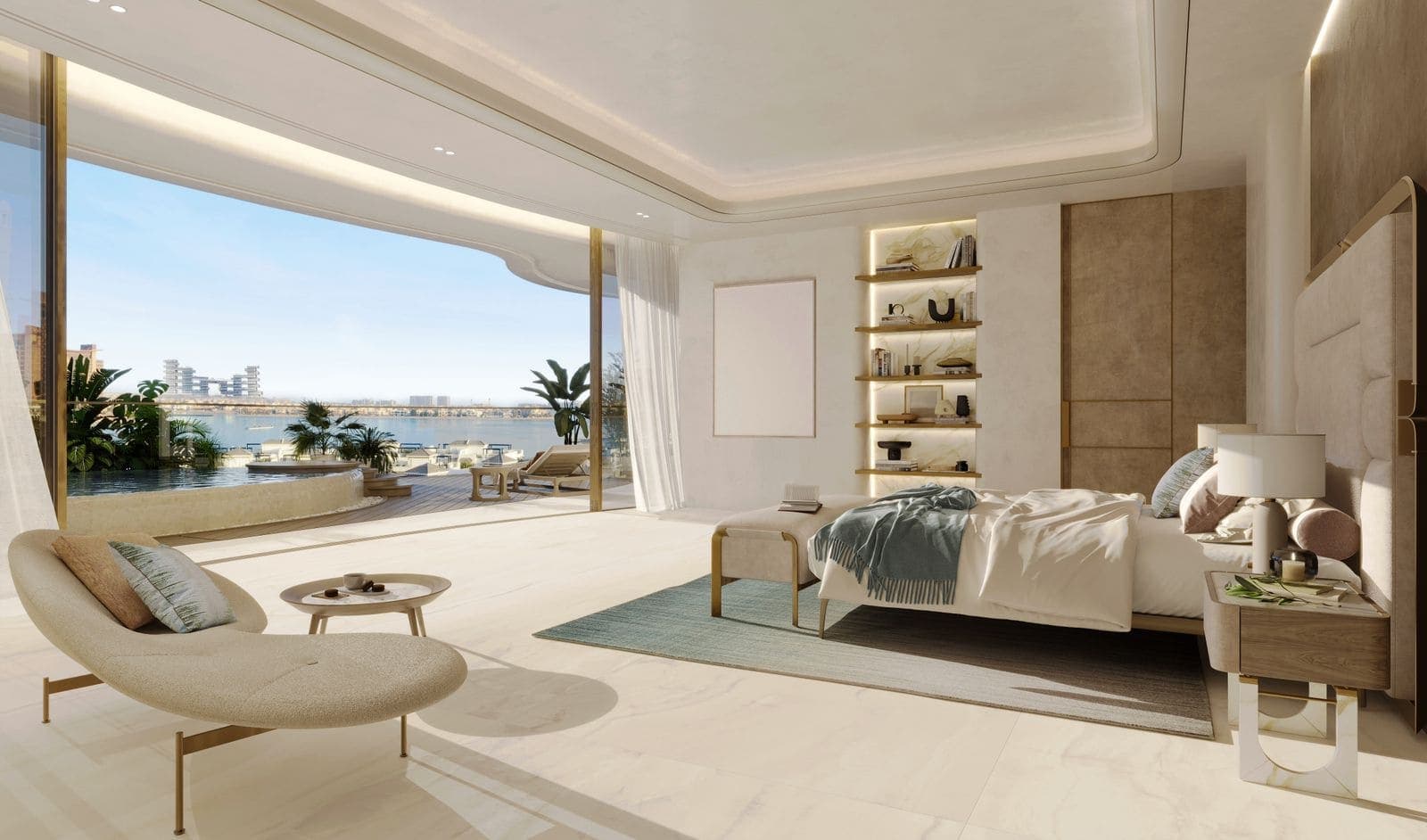 Luxury bedroom with ocean view, modern decor, and shelves