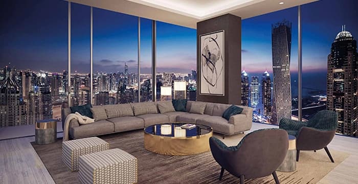 Luxurious living room with a stunning city skyline view at night