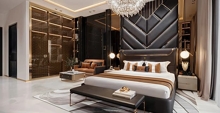 Sophisticated bedroom with warm tones and plush decor