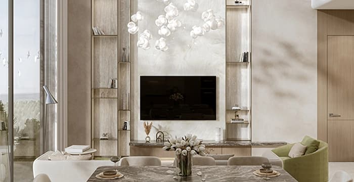 Sleek living and dining area with soft lighting and design