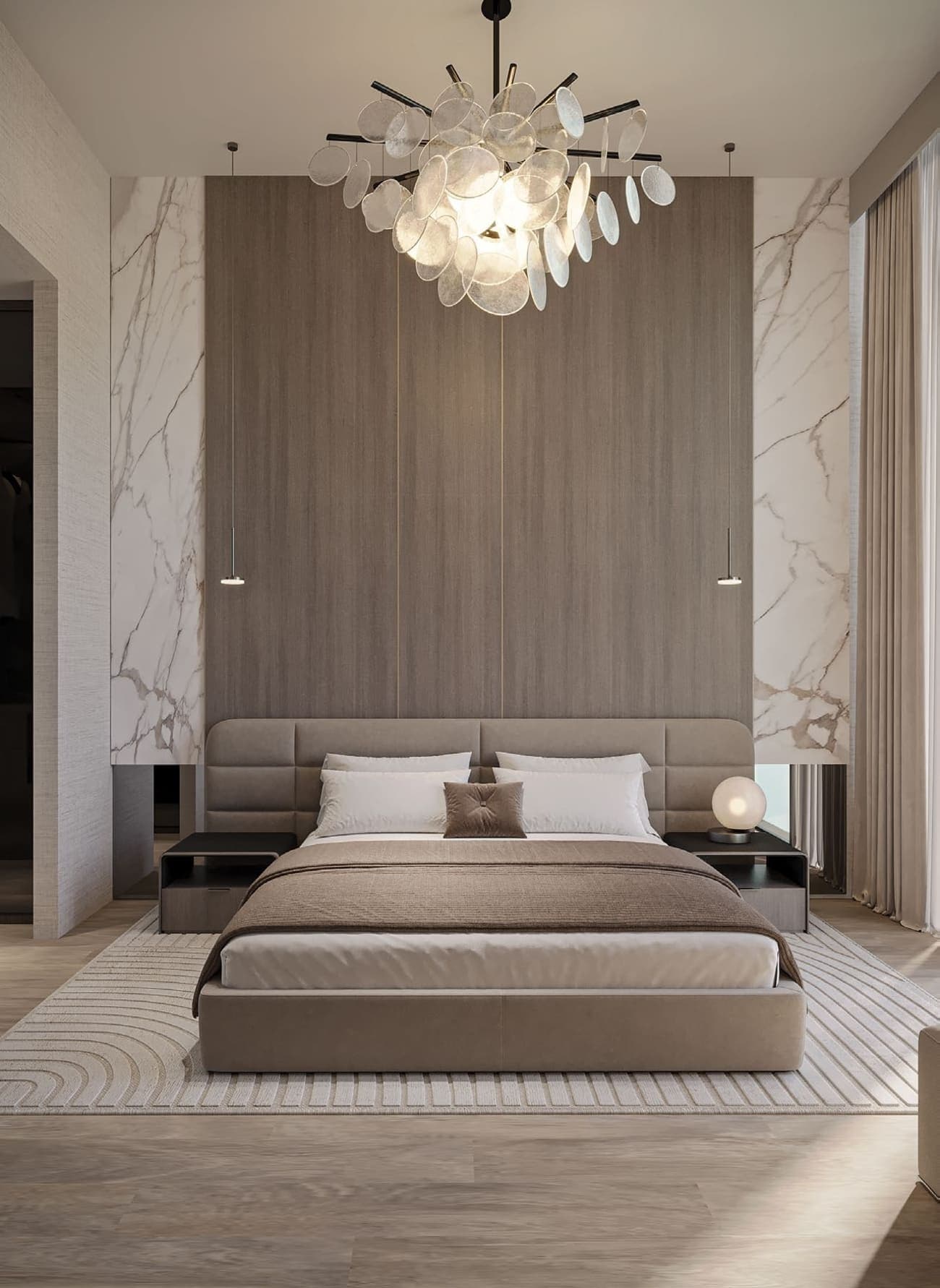 Elegant bedroom with beige tones and modern furniture