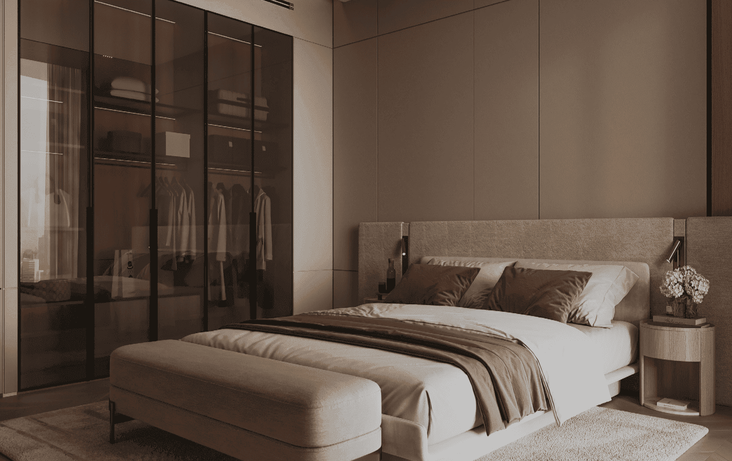 A serene, minimalist bedroom with warm tones and modern design