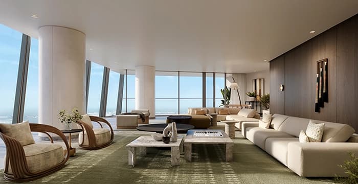 Spacious and modern living room with panoramic city views.