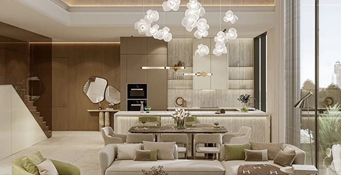 Spacious living room and kitchen with luxurious decor