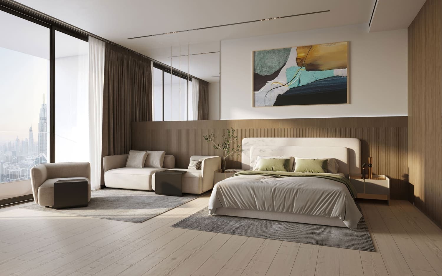 Spacious bedroom with city views and modern design