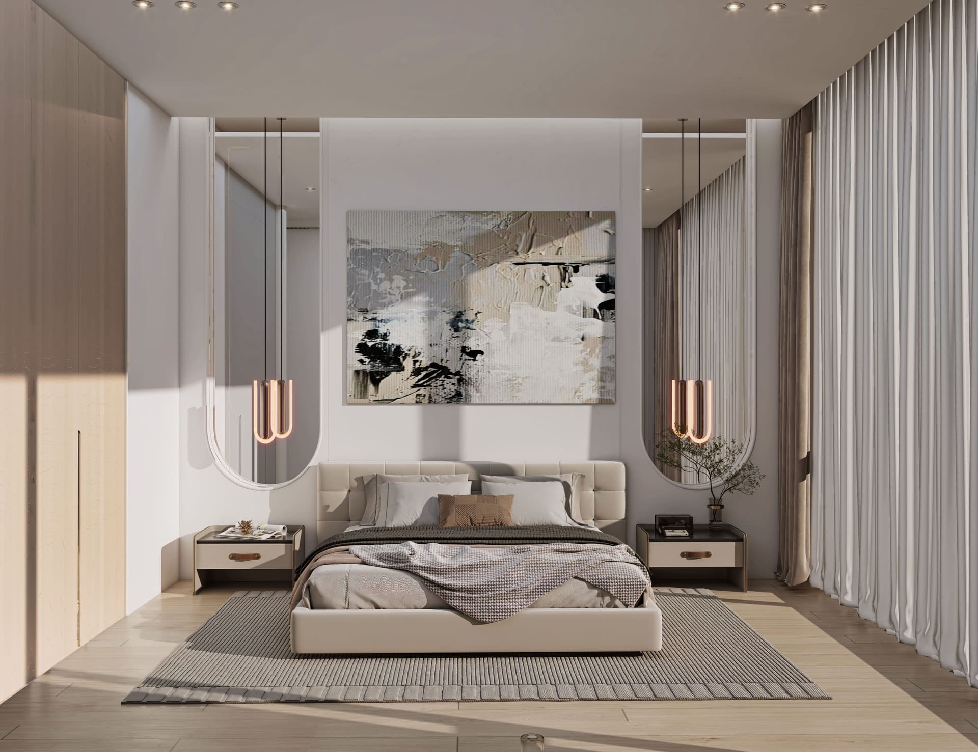 Modern bedroom with minimalist design and elegant lighting