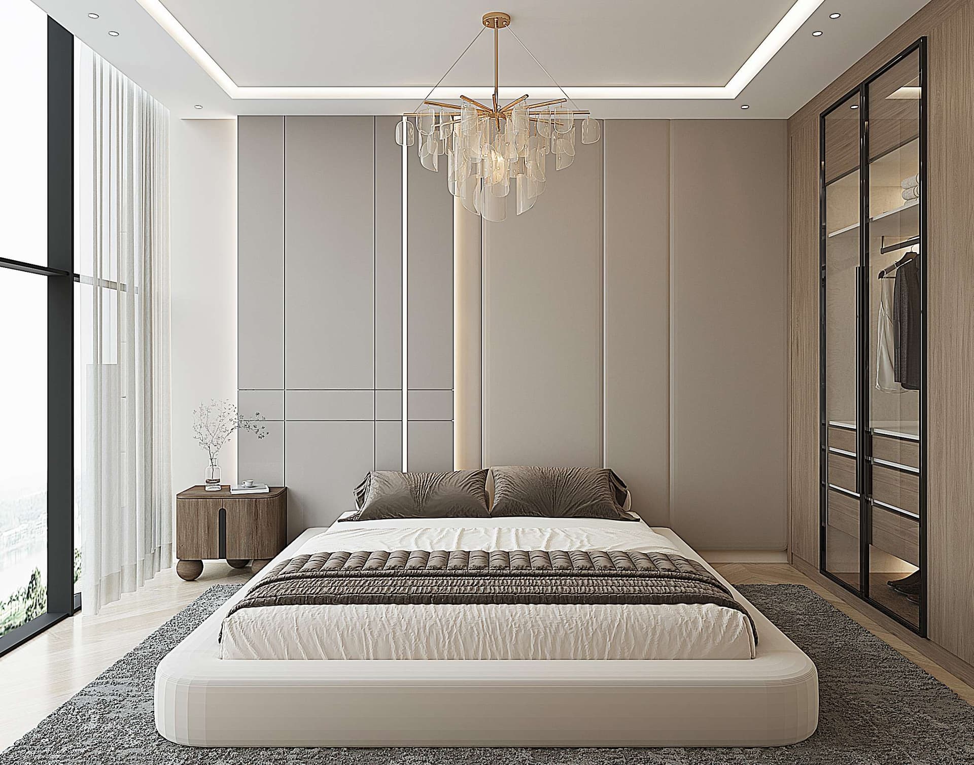 Elegant bedroom with chandelier and neutral tones