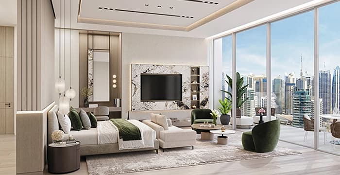 Elegant bedroom with a stunning city view and modern design