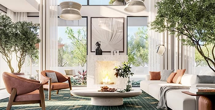 Living room with fireplace and natural light