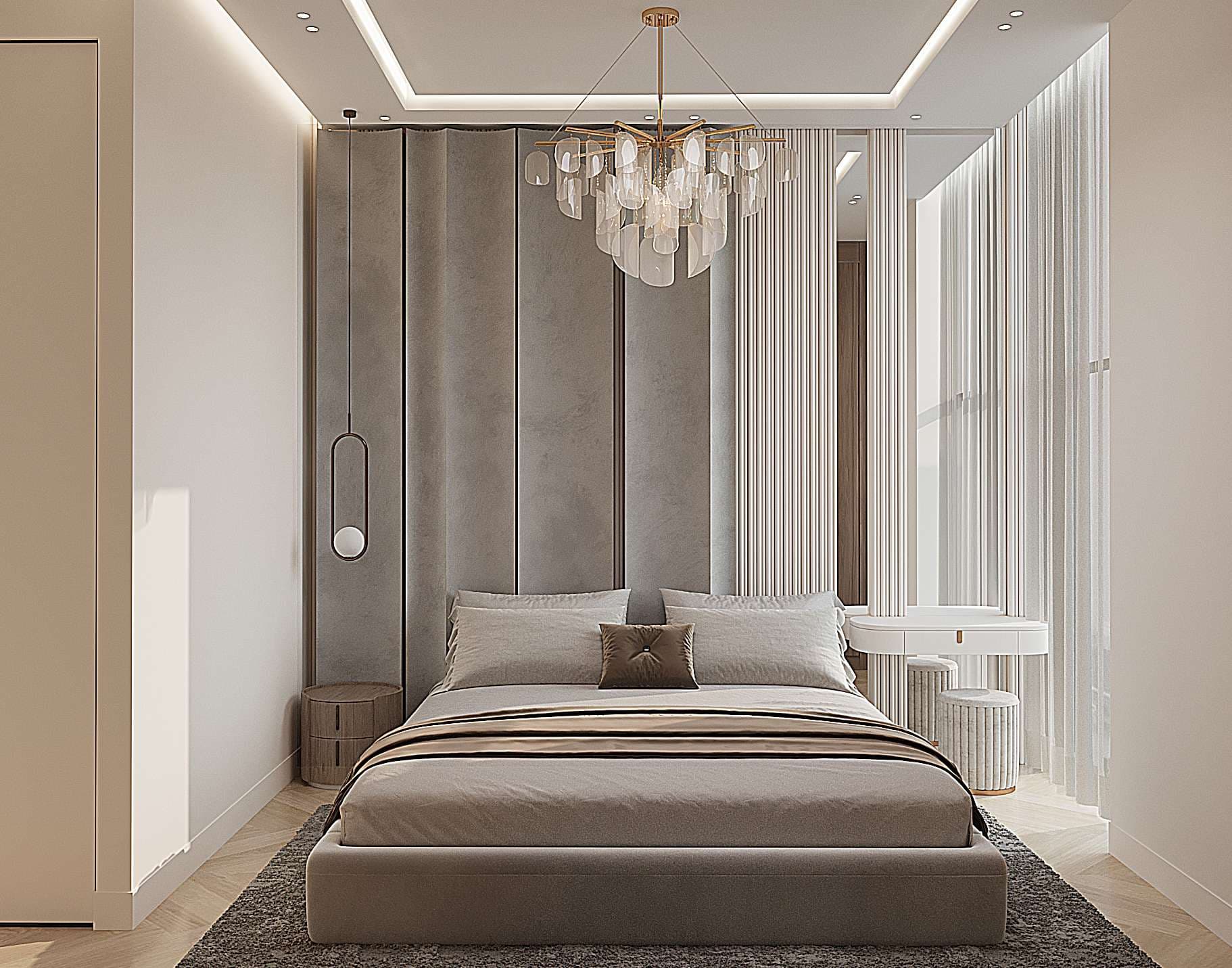 Stylish bedroom with soft lighting and plush headboard
