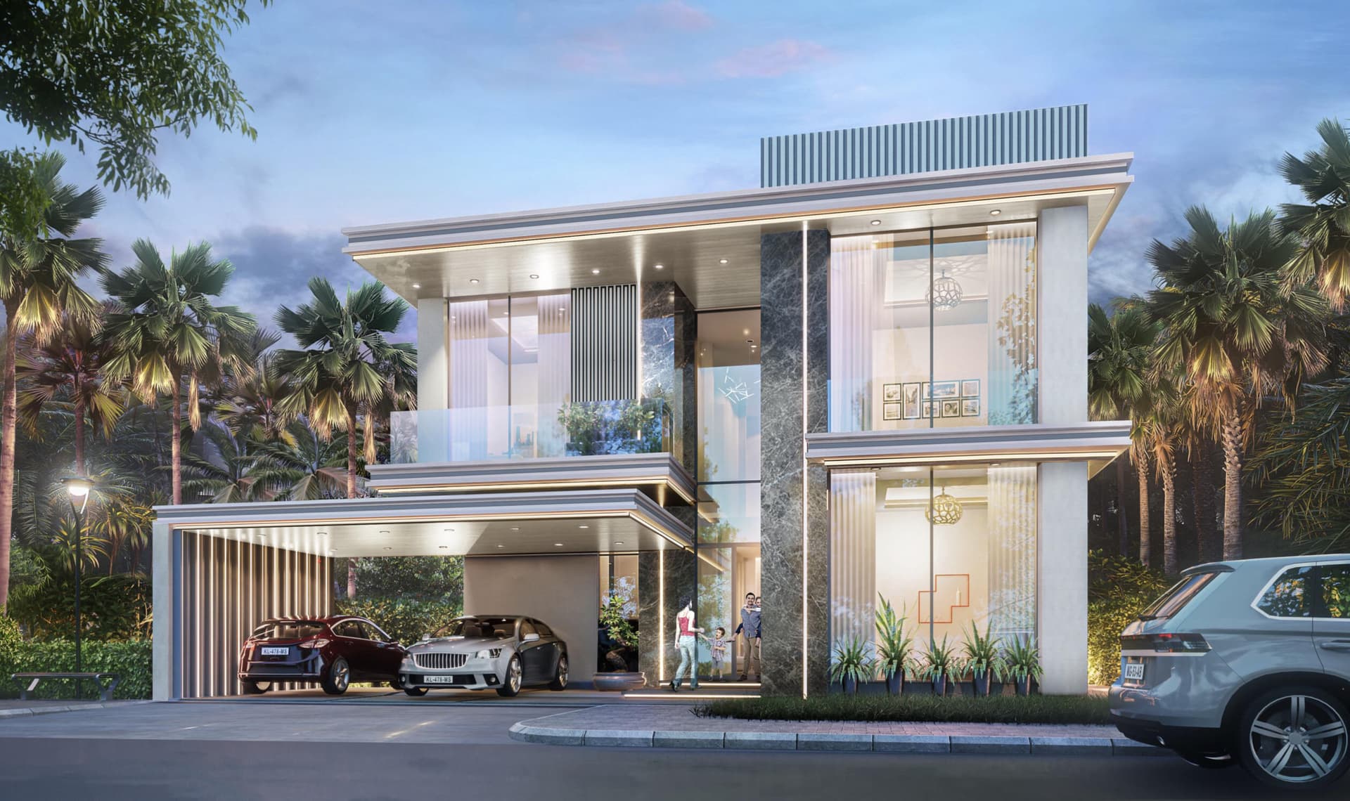 Luxury modern villa with glass facades, balcony, and parking