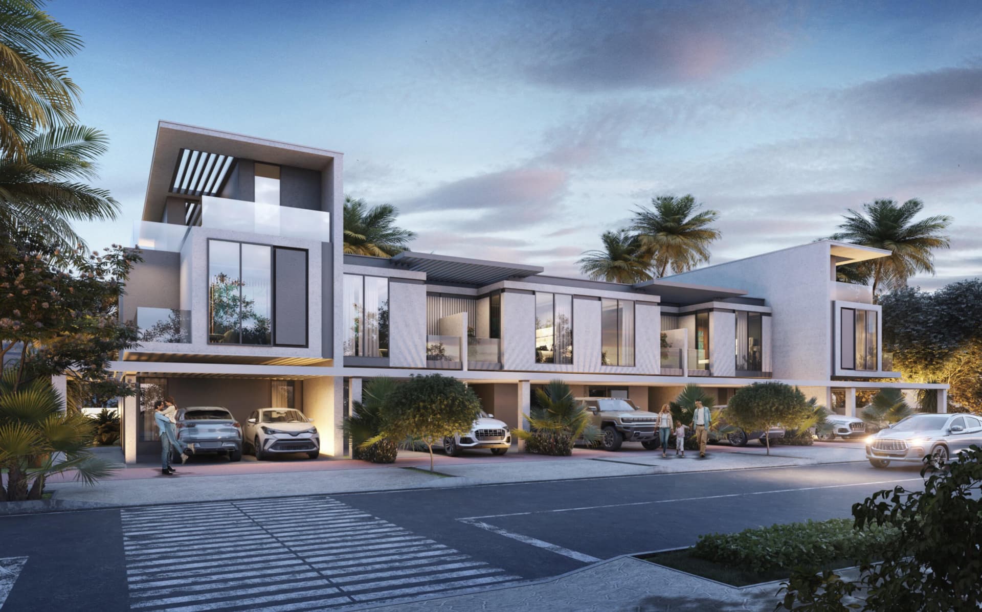 Modern luxury townhouses with large glass windows and parking