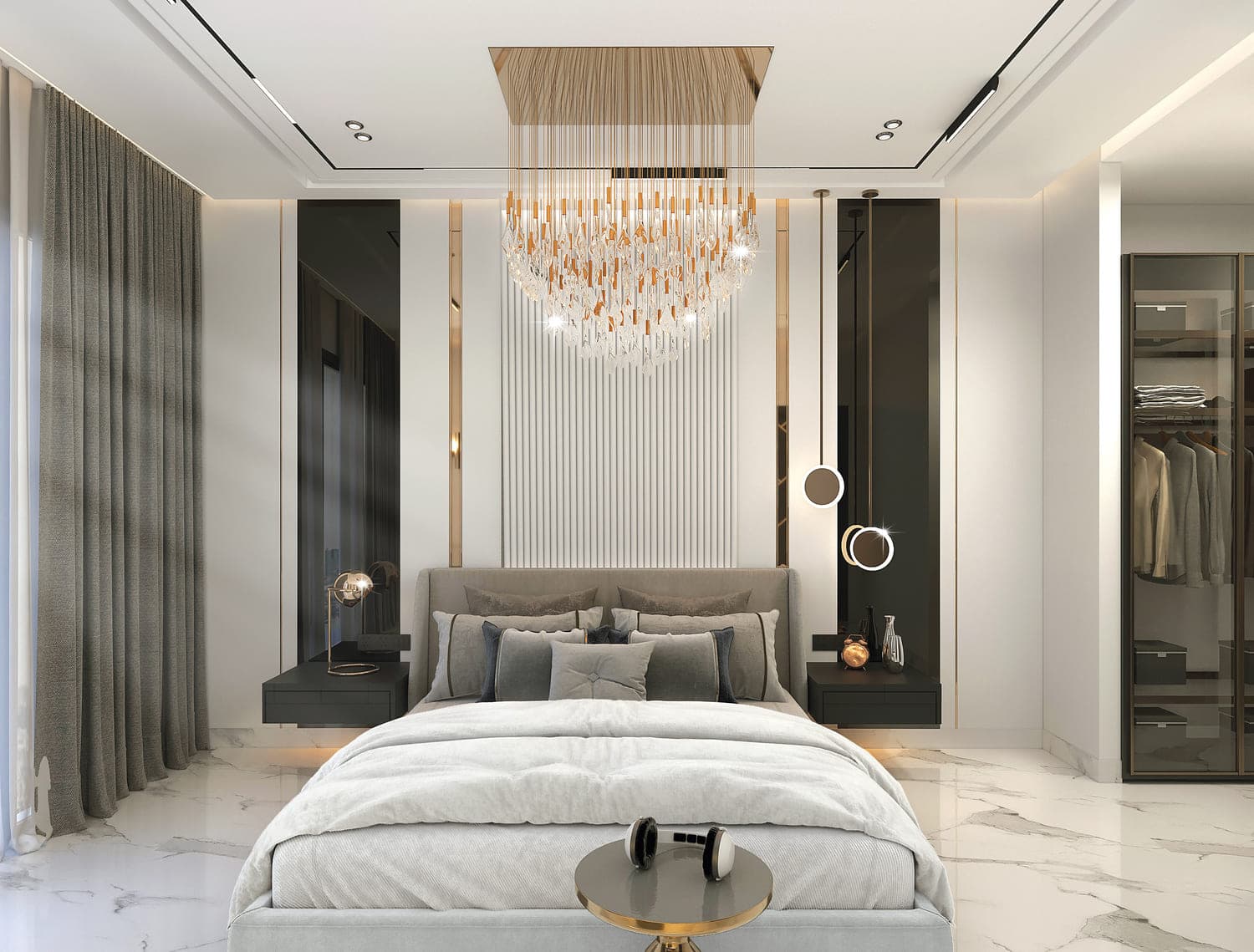Luxurious bedroom featuring a stunning chandelier and sleek decor