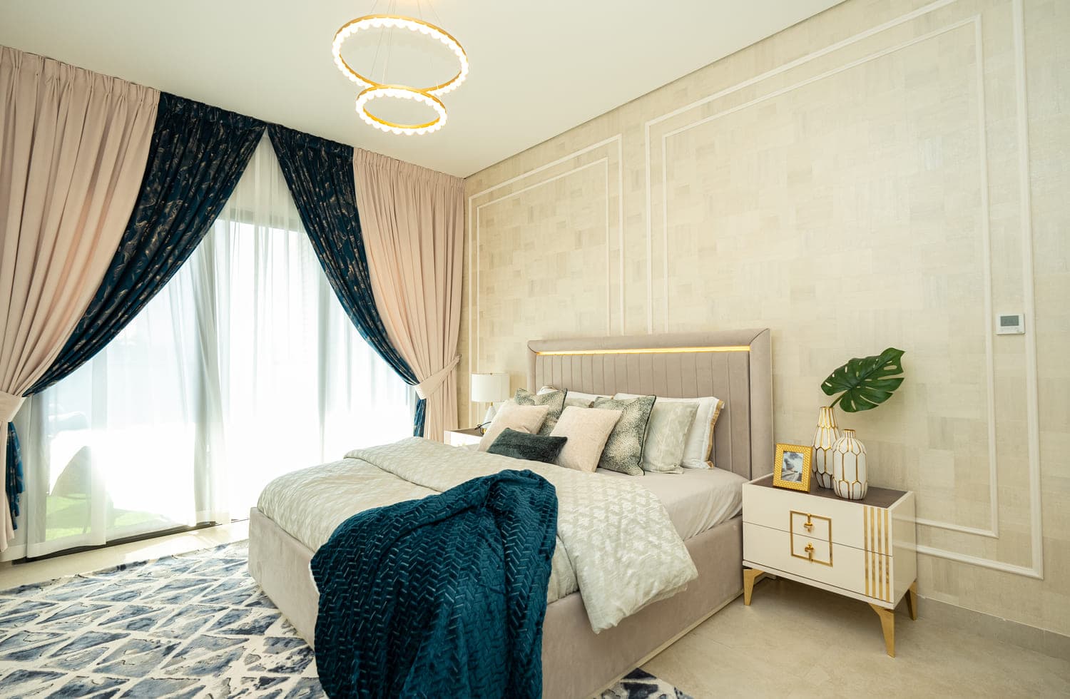 Sophisticated bedroom with elegant curtains and modern decor