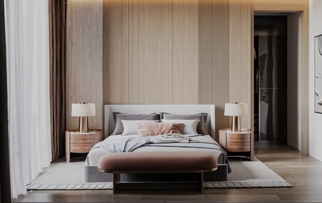 Elegant bedroom with neutral tones and soft lighting