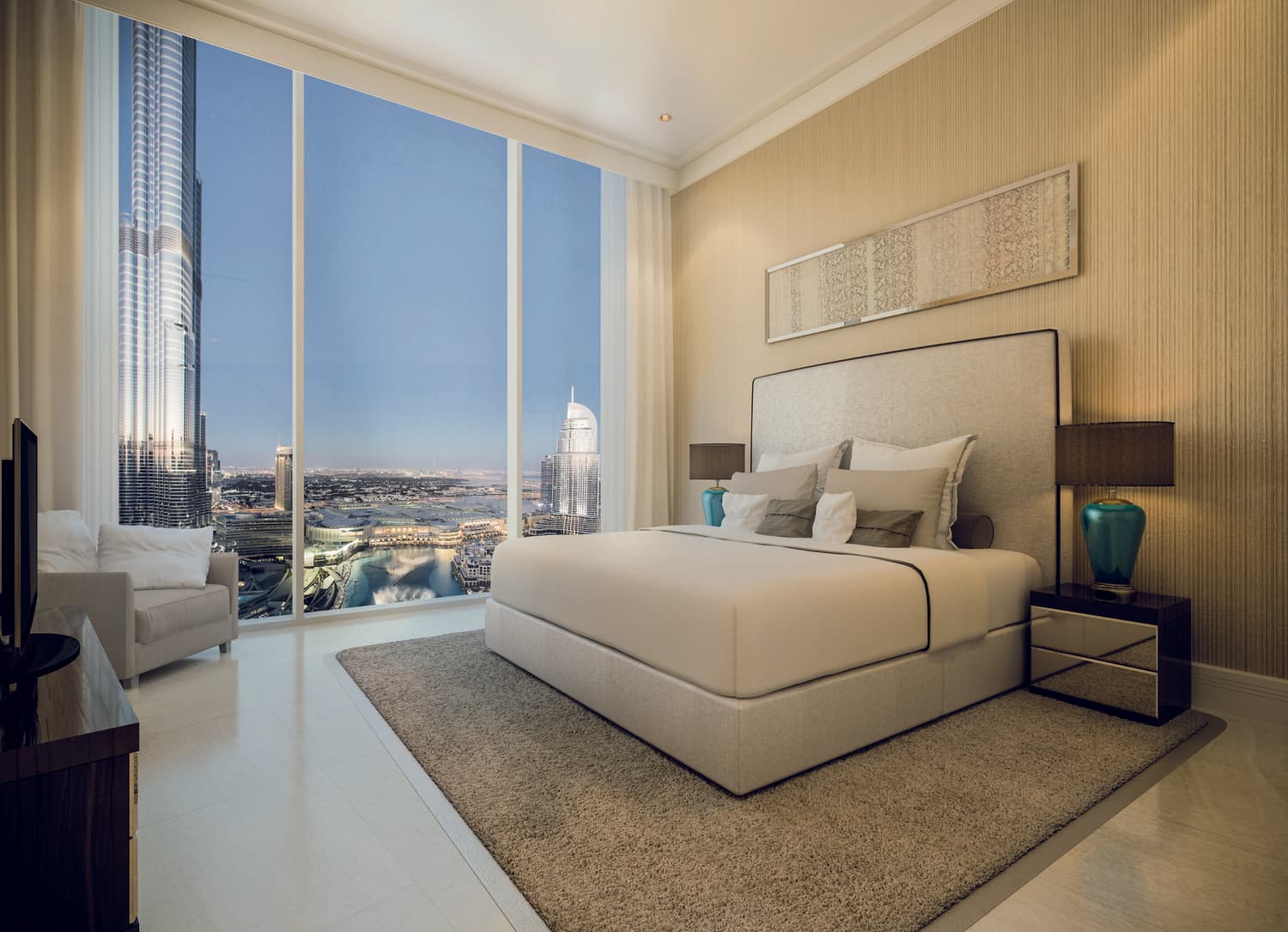 Luxury bedroom with a stunning view of the Burj Khalifa