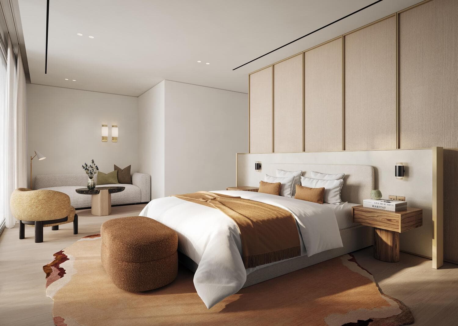 Stylish bedroom with earthy tones and comfortable furniture