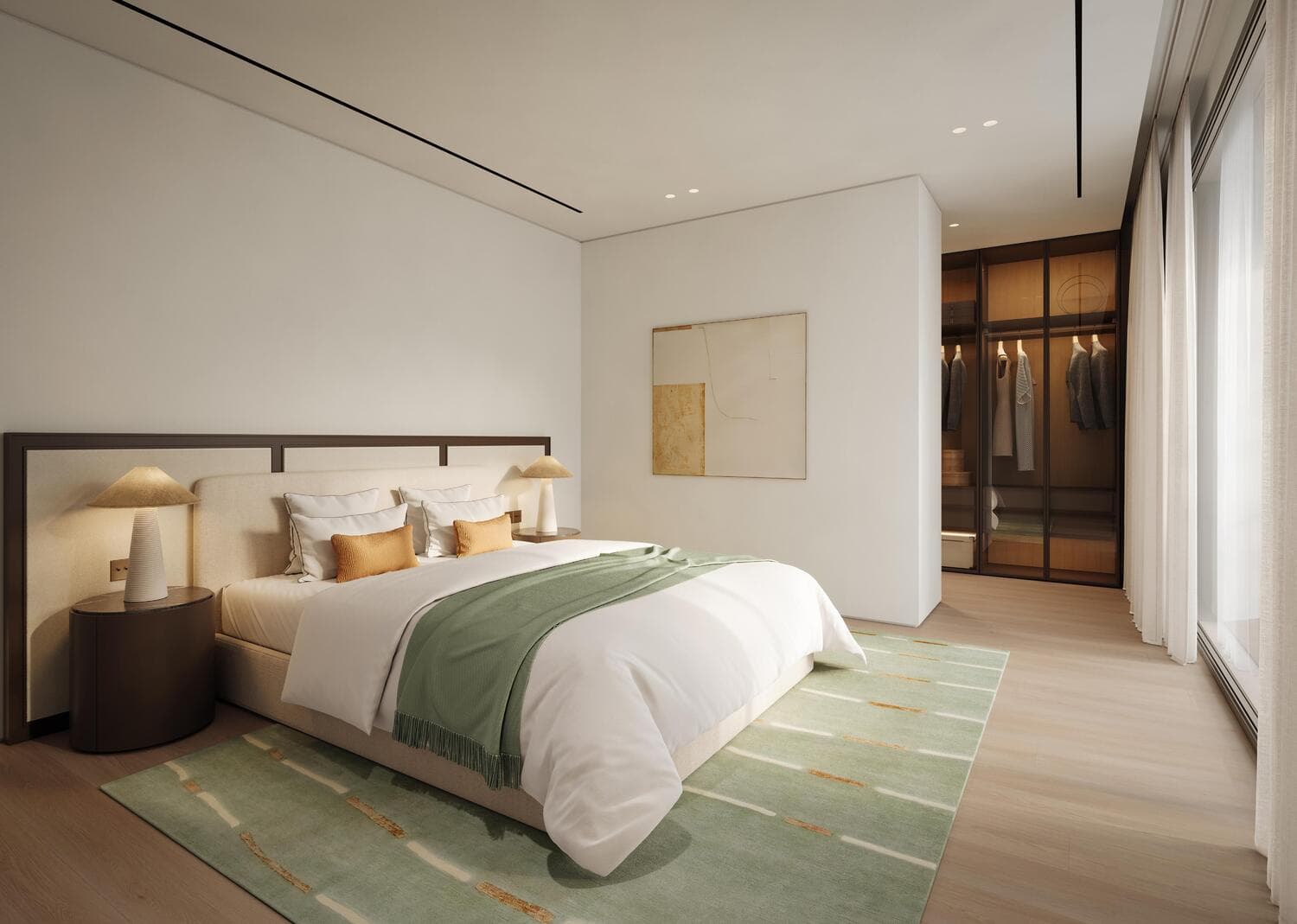 Spacious bedroom with green accents and modern design