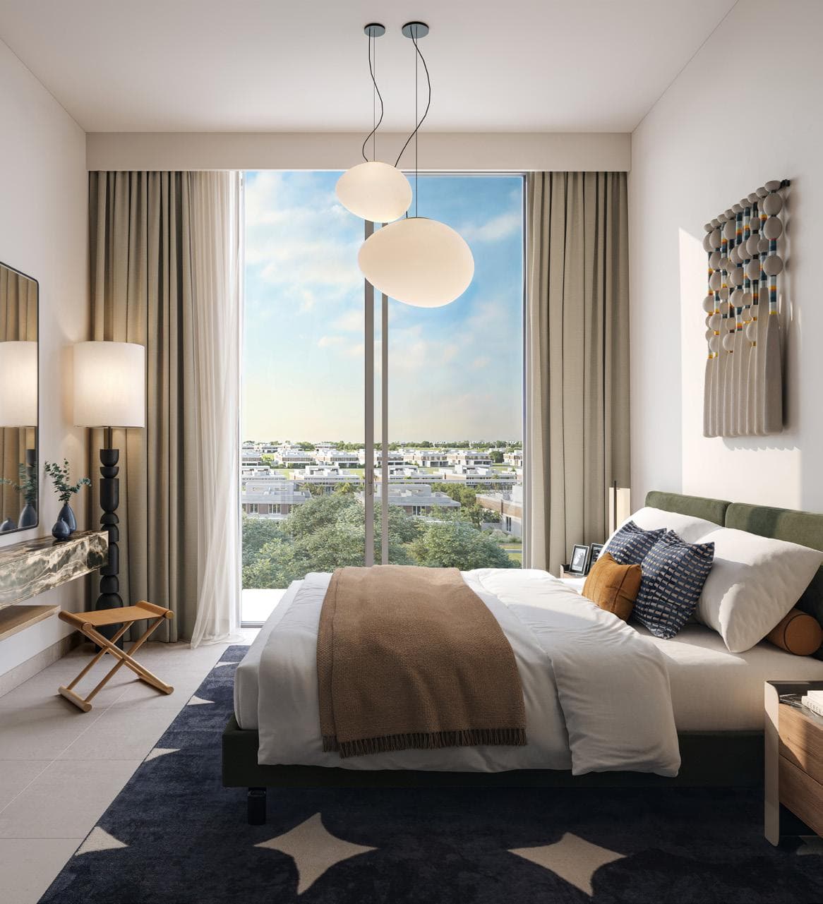 Bedroom with modern design and city skyline view