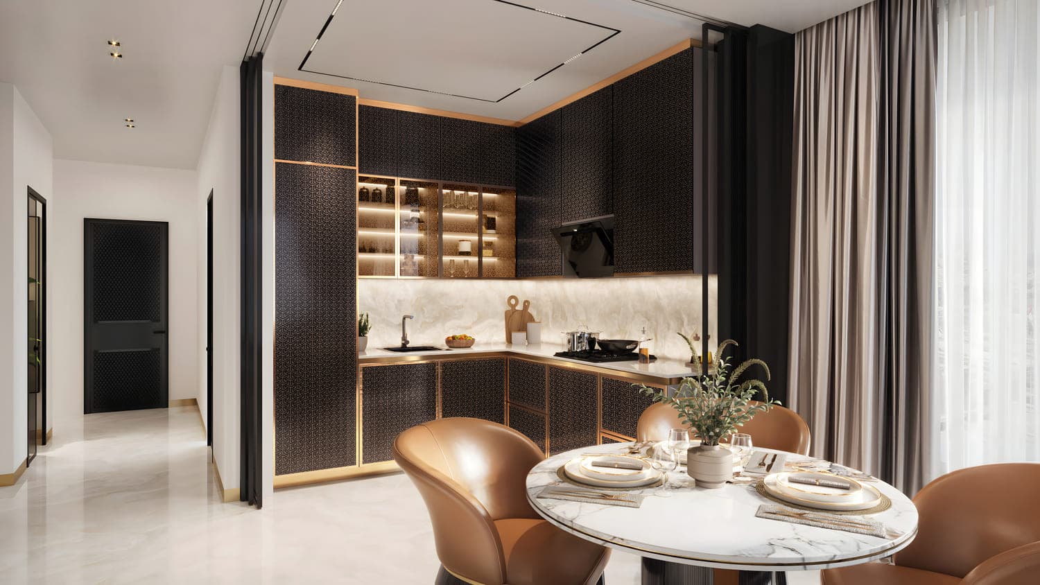 Sleek modern kitchen with gold-accented cabinetry
