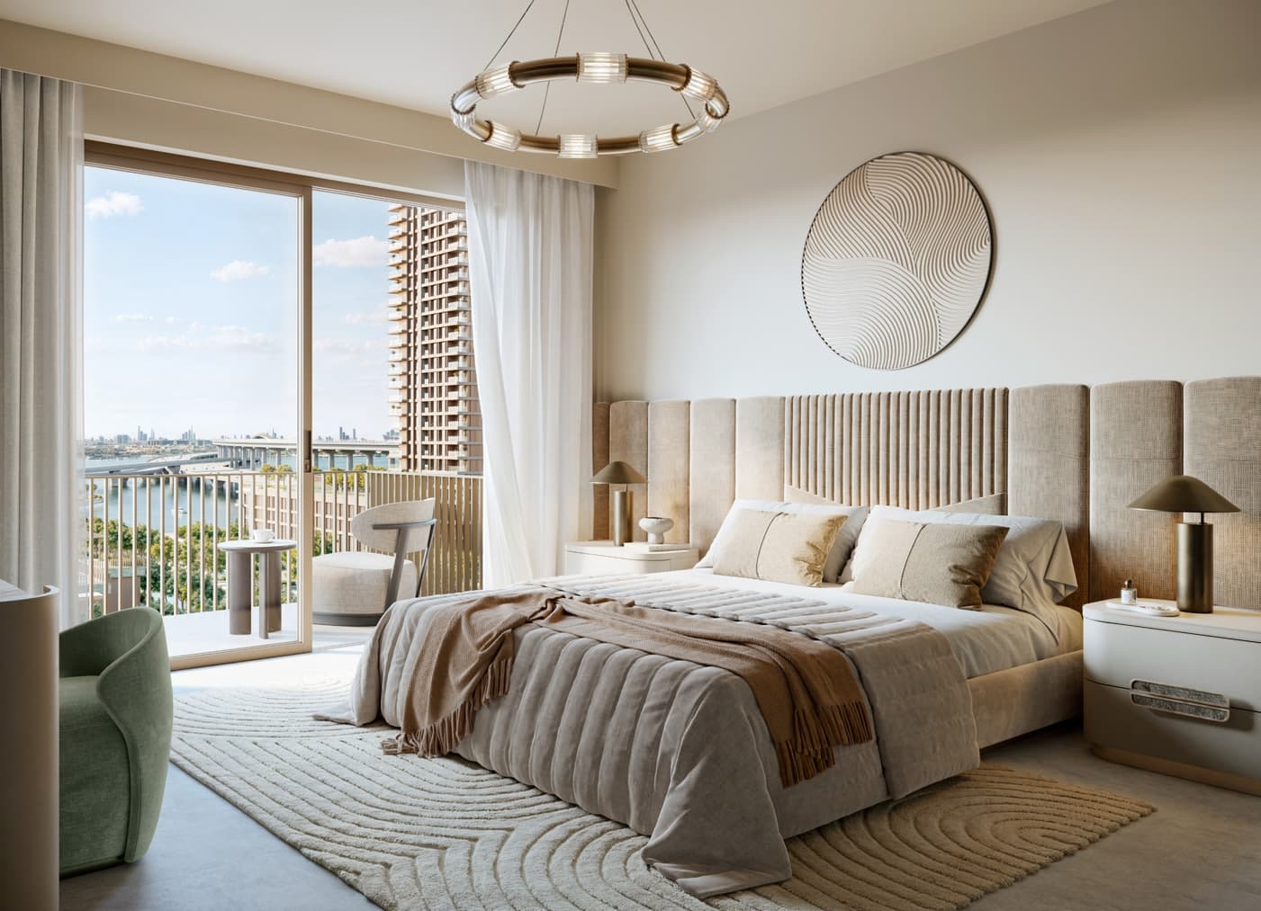 Modern beige bedroom with a view of city buildings