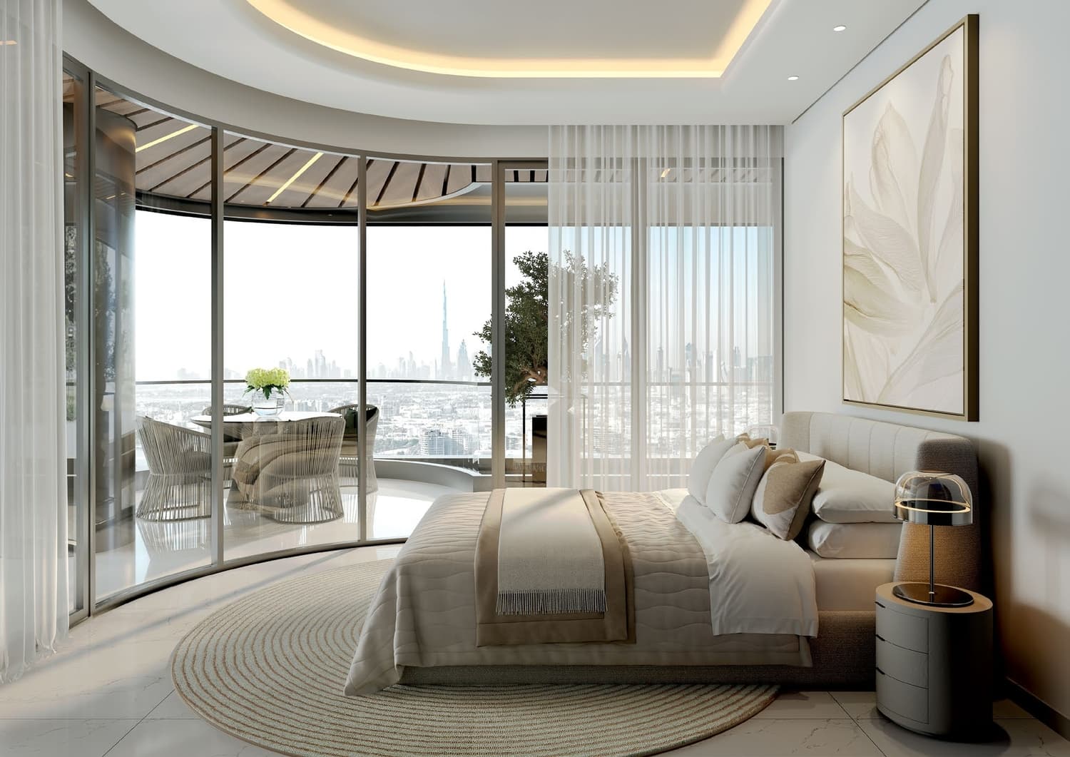 Spacious bedroom with panoramic view of the city skyline