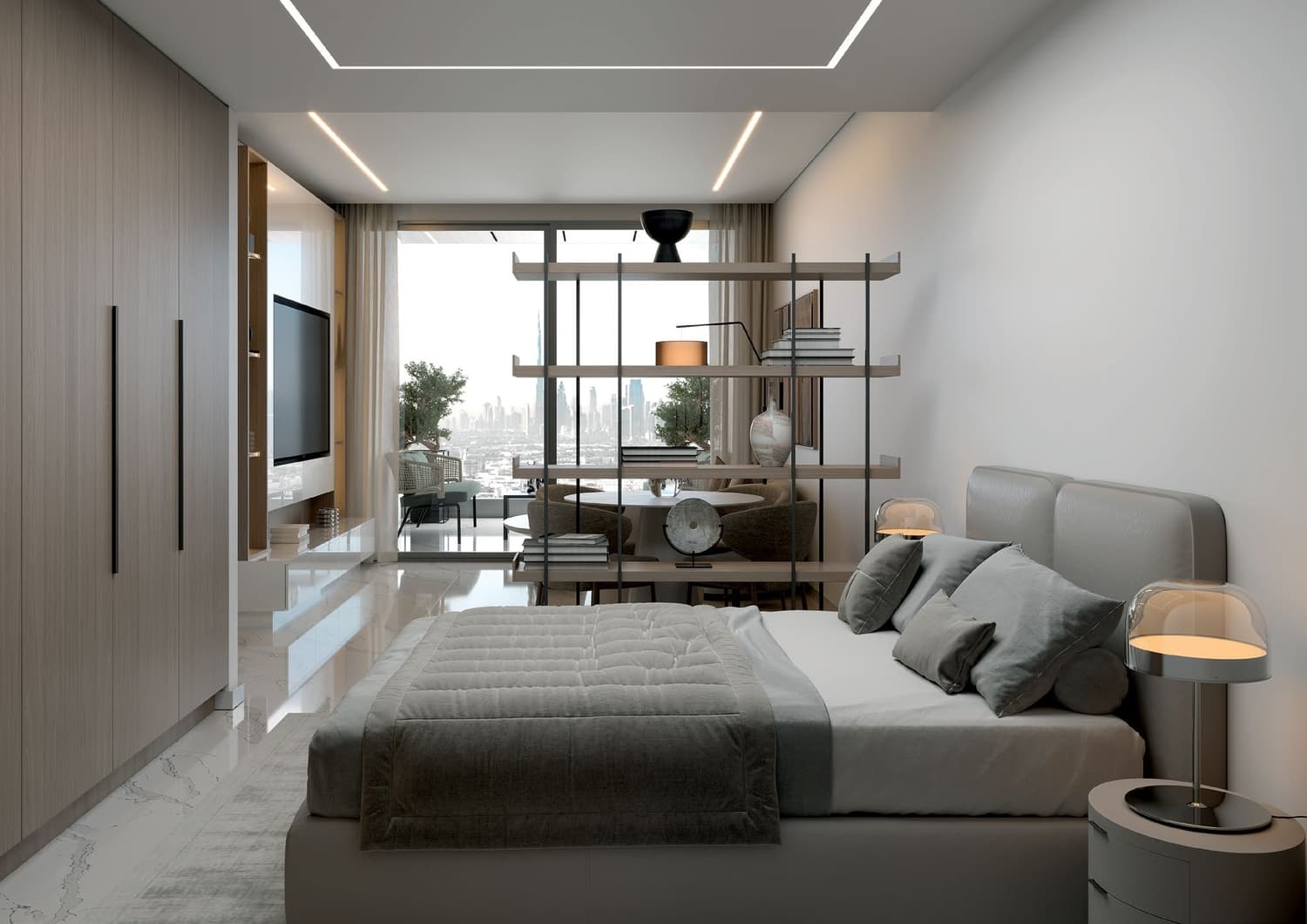 Stylish bedroom with a stunning city view from the window