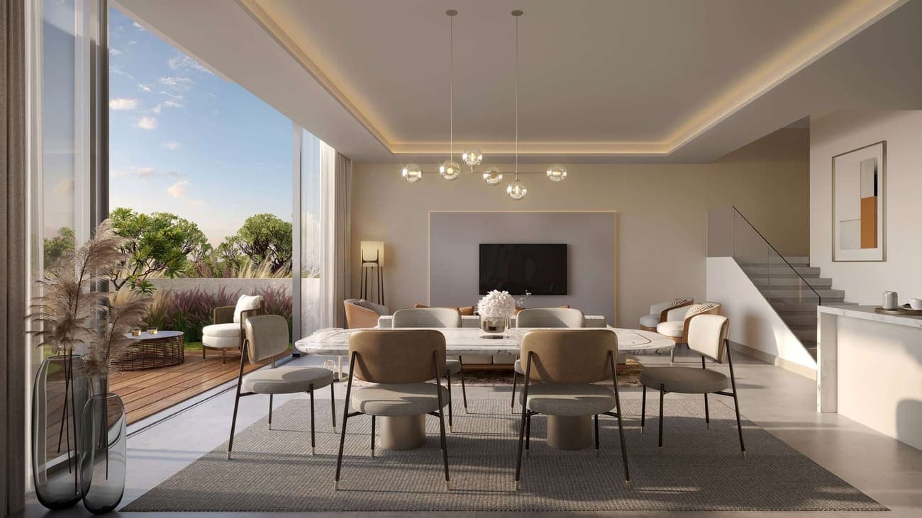 Spacious dining area with glass windows offering a scenic view